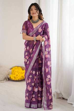 Purple Linen Saree With Graceful All Over Leaf Pattern