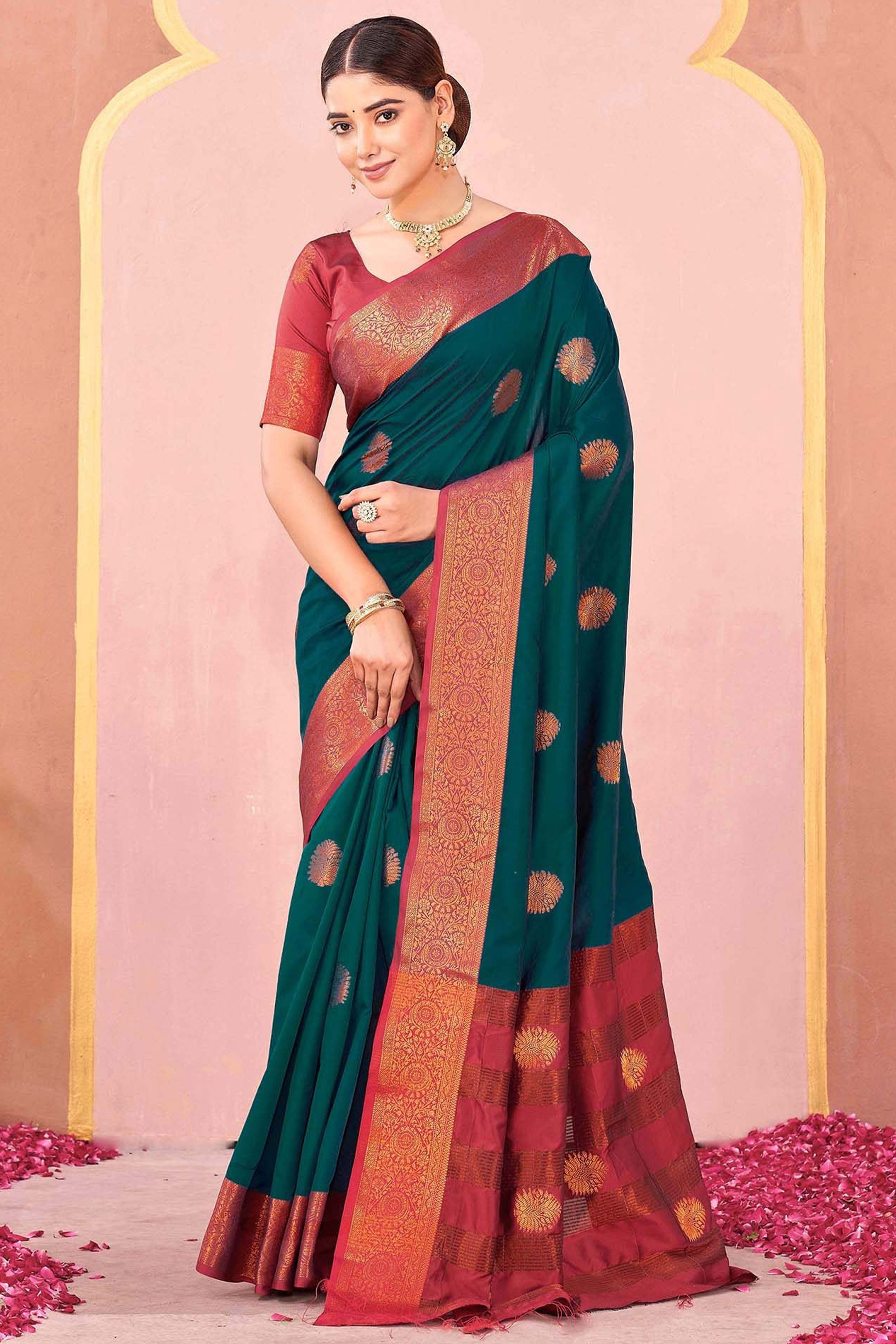 Rama Green Silk Blend Saree Adorned With Zari Woven Floral & Paisley Design