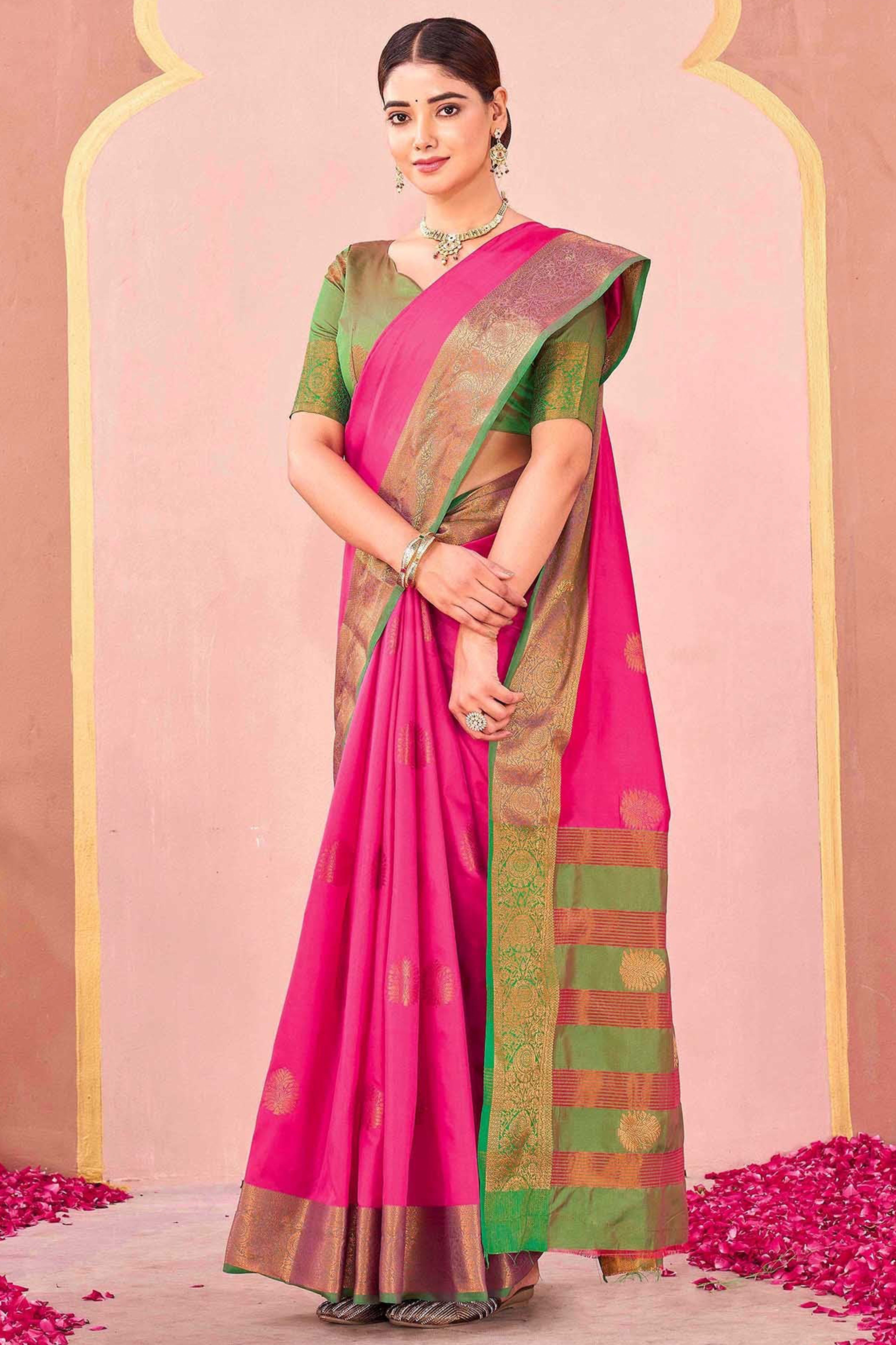 Rani Pink Silk Blend Saree Adorned With Zari Woven Floral & Paisley Design