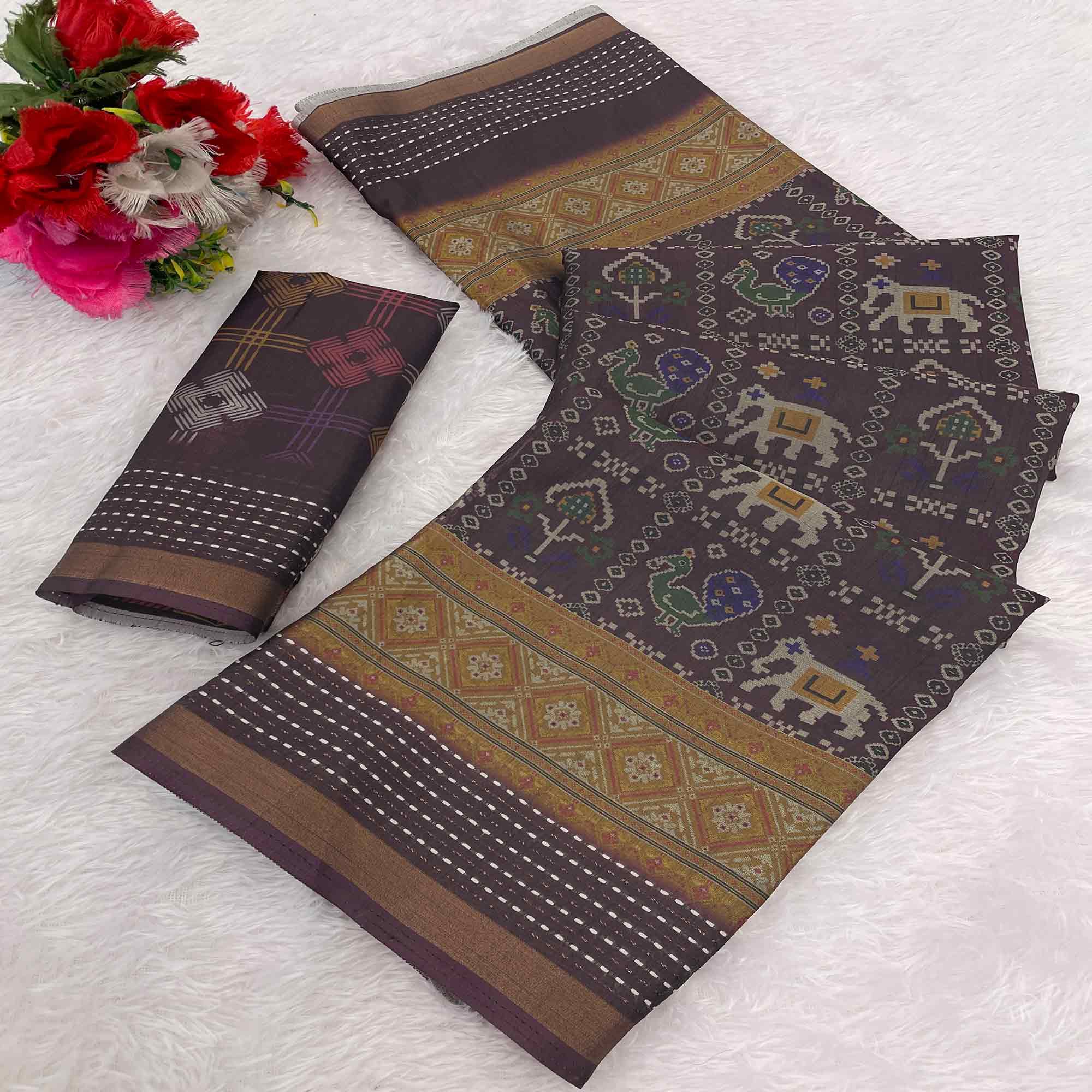 Gorgeous Wine Silk Blend Saree with Digital Patola Patterns for Timeless Ethnic Appeal