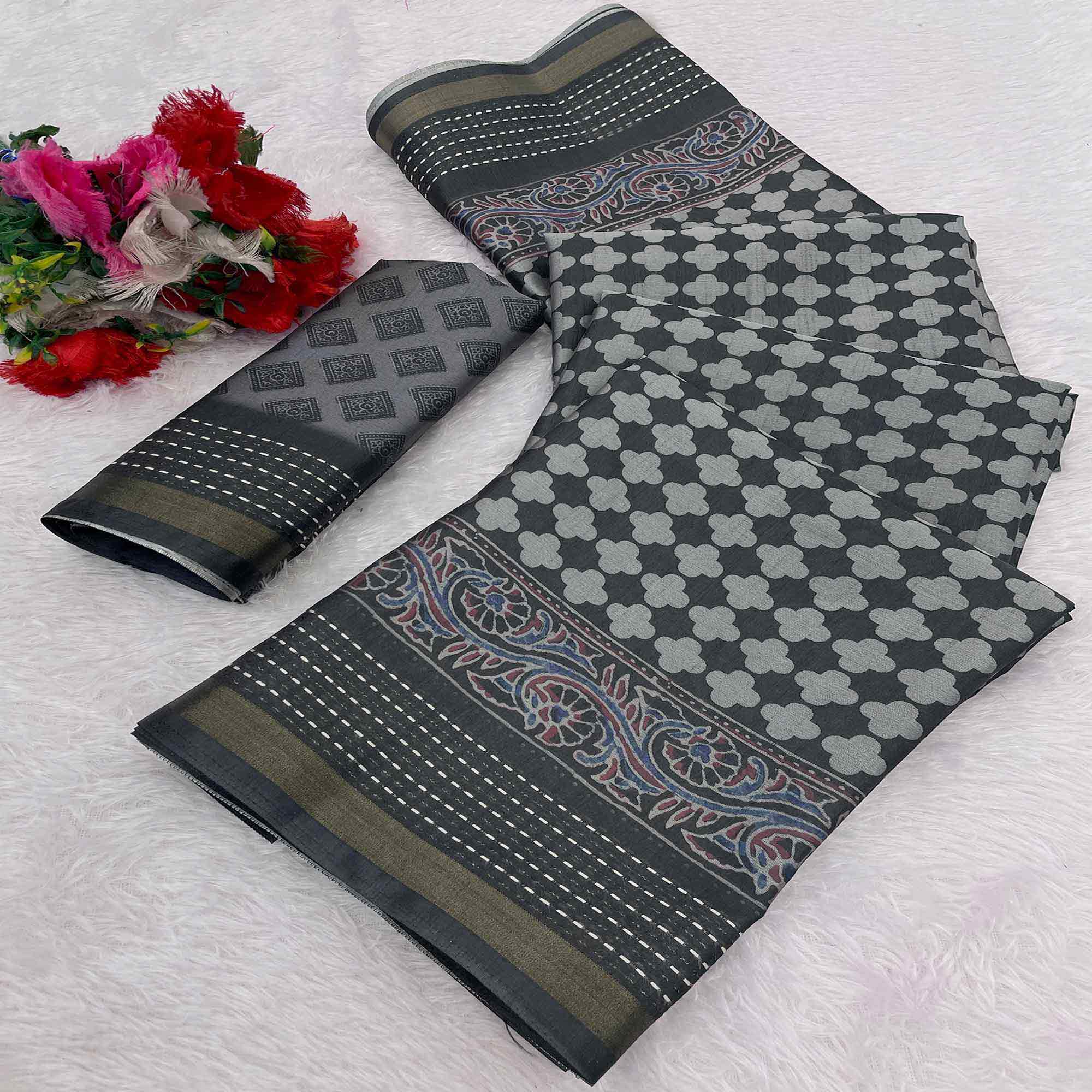 Graceful Grey Digital Ikkat Printed Saree in Luxurious Silk Blend Fabric