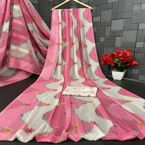Pink Bloom Floral Digital Printed Georgette Saree Accentuated With Graceful Zari Stripes