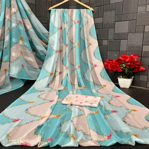 Sky Blue Bloom Floral Digital Printed Georgette Saree Accentuated With Graceful Zari Stripes