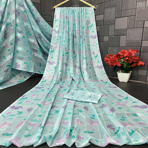 Sky Blue Bloom Floral Digital Printed Georgette Saree Accentuated With Graceful Zari Stripes