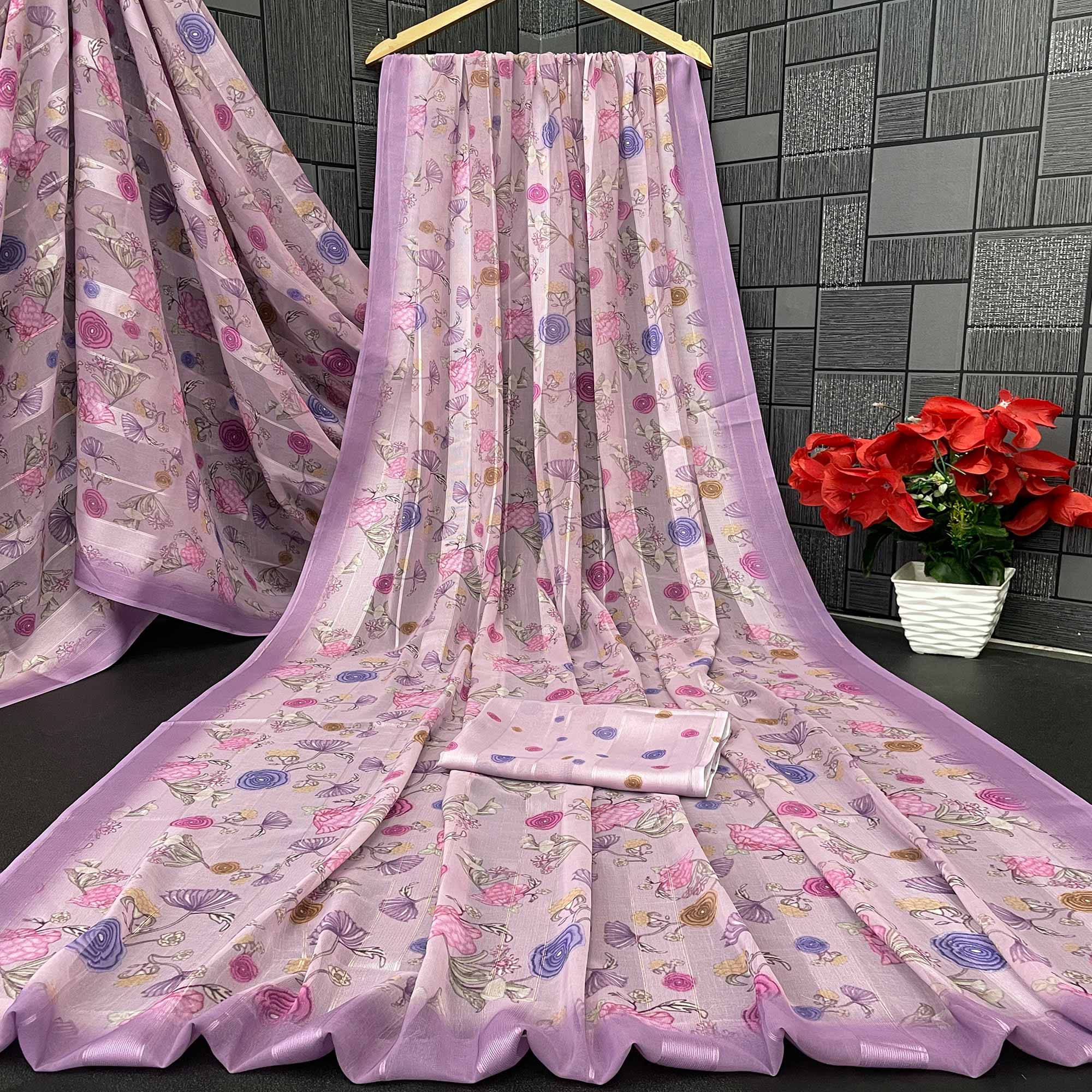Purple Bloom Floral Digital Printed Georgette Saree Accentuated With Graceful Zari Stripes