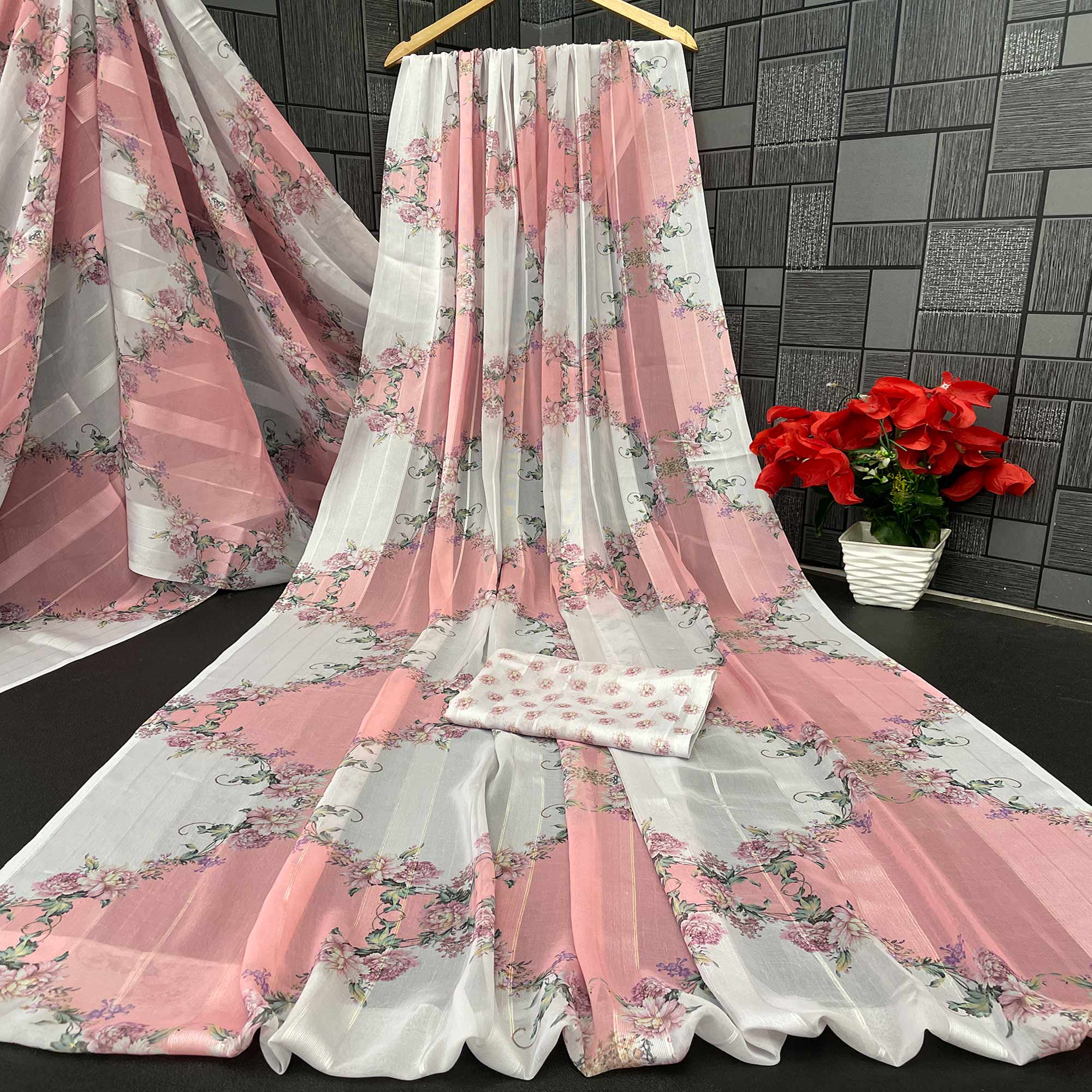 White & Peach Bloom Floral Digital Printed Georgette Saree Accentuated With Graceful Zari Stripes