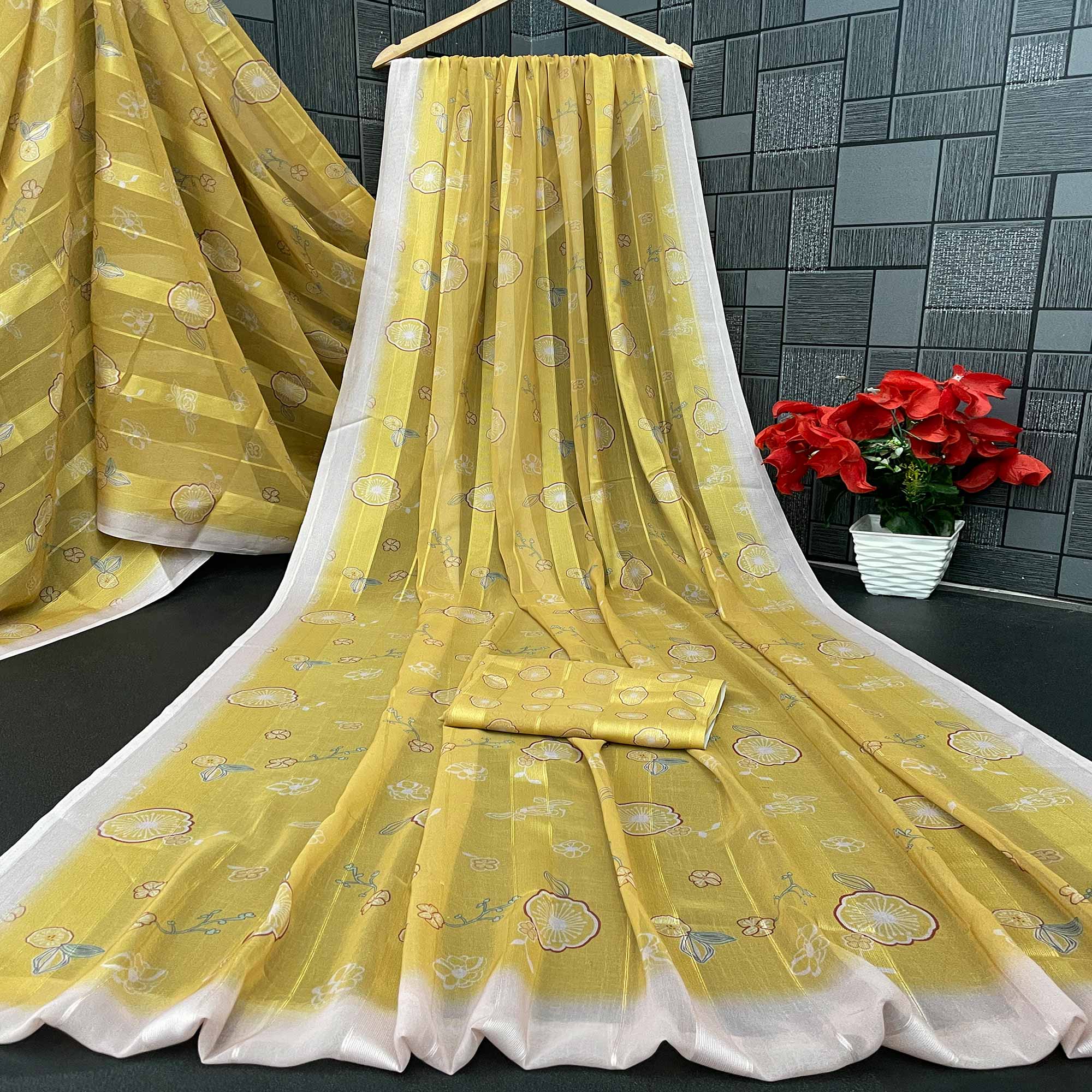 Dark Mustard Bloom Floral Digital Printed Georgette Saree Accentuated With Graceful Zari Stripes