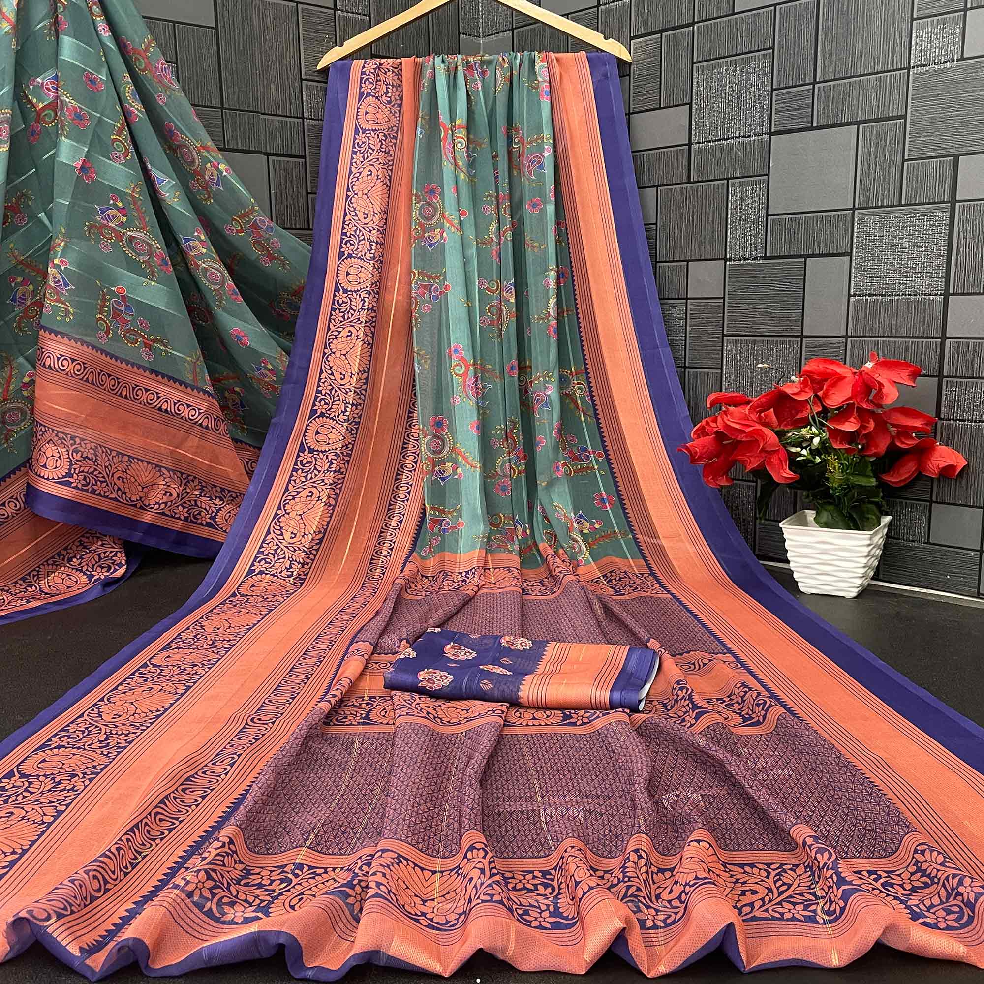 Elegant Rama Green & Blue Floral Digital Printed Georgette Saree Adorned With Subtle Zari Stripes