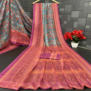 Elegant Rama Blue & Magenta Floral Digital Printed Georgette Saree Adorned With Subtle Zari Stripes