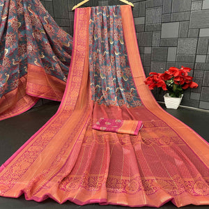 Elegant Grey & Pink Floral Digital Printed Georgette Saree Adorned With Subtle Zari Stripes
