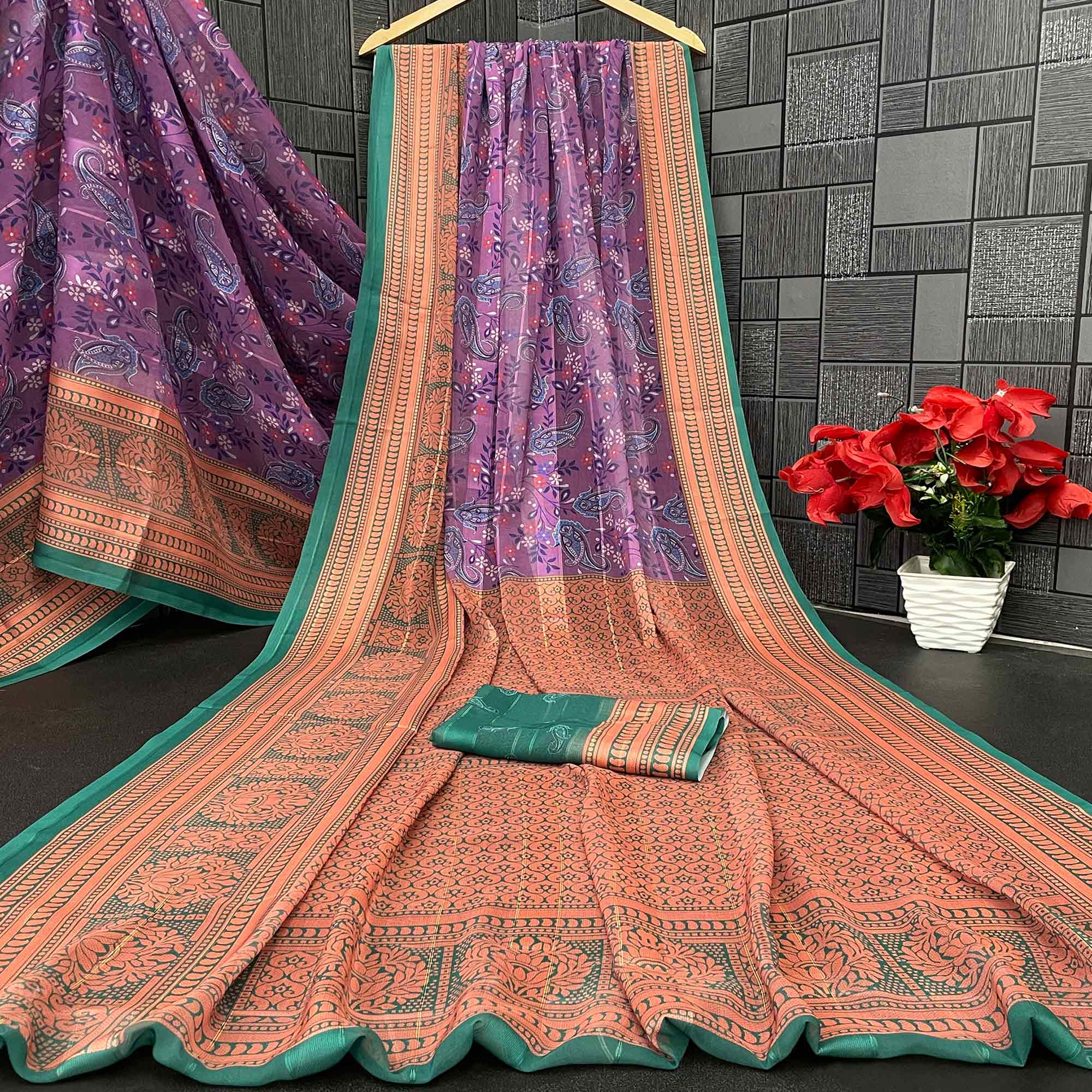Elegant Violet & Green Floral Digital Printed Georgette Saree Adorned With Subtle Zari Stripes