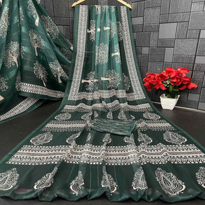 Charming Green Digital Tree Printed Georgette Saree Accentuated With Zari Stripes