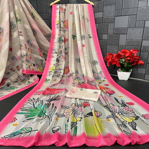 Charming Offwhite & Pink Floral Digital Printed Georgette Saree Accentuated With Zari Stripes