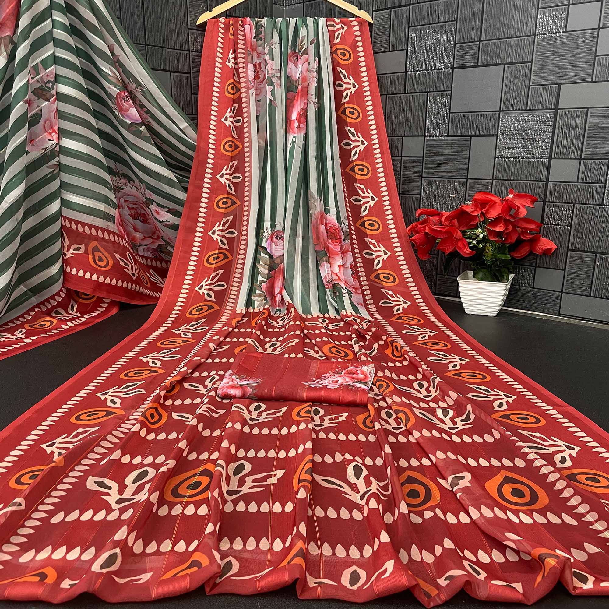 Charming Mehendi Green & Rust Striped Digital Printed Georgette Saree Accentuated With Zari Stripes