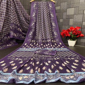 Charming Purple Geometric Digital Printed Georgette Saree Accentuated With Zari Stripes