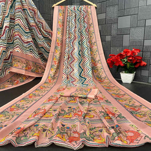 Charming Peach Zig Zag & Floral Digital Printed Georgette Saree Accentuated With Zari Stripes