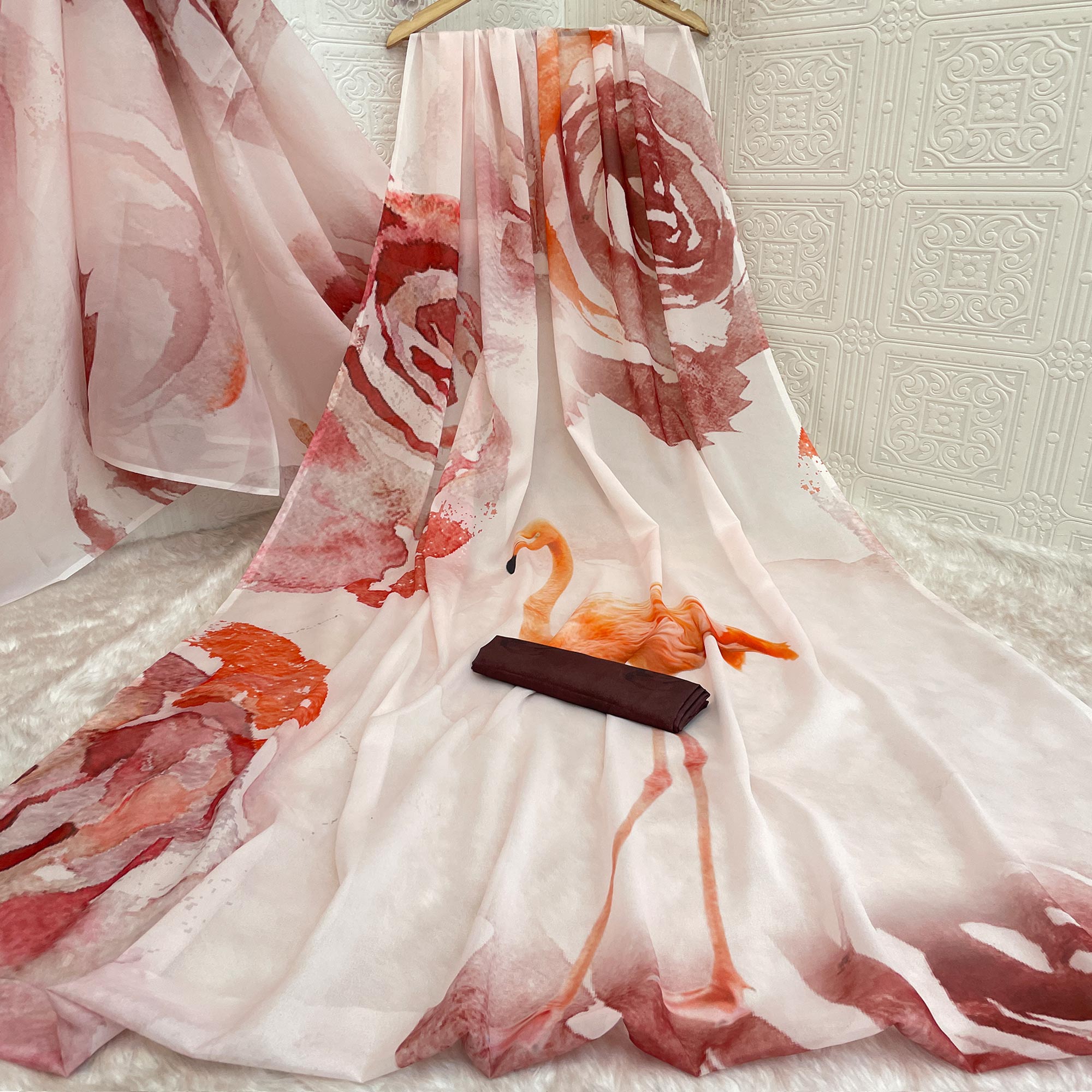 Light Pink Sparkle Star Georgette Saree Adorned With Floral & Bird Digital Prints