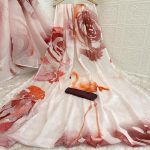 Light Pink Sparkle Star Georgette Saree Adorned With Floral & Bird Digital Prints