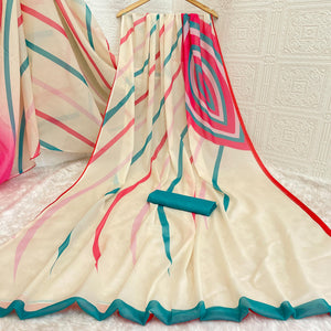 Cream Sparkle Star Georgette Saree Adorned With Striped Digital Prints