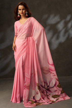 Graceful Pink Floral Digital Print Saree in Georgette With Artistic Crochet Border Work