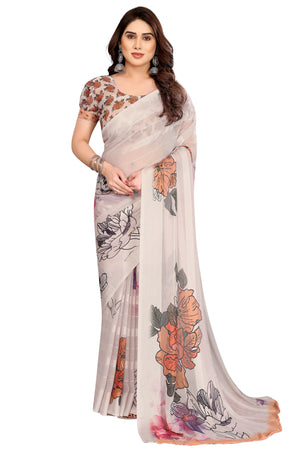 Graceful Beige Floral Digital Print Georgette Saree Featuring Zari Work & Vibrant Striped