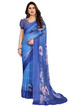 Graceful Blue Floral Digital Print Georgette Saree Featuring Zari Work & Vibrant Striped
