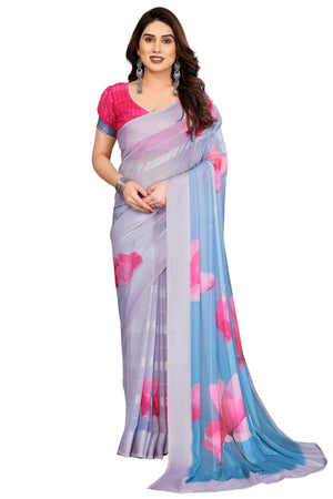 Graceful Grey Floral Digital Print Georgette Saree Featuring Zari Work & Vibrant Striped