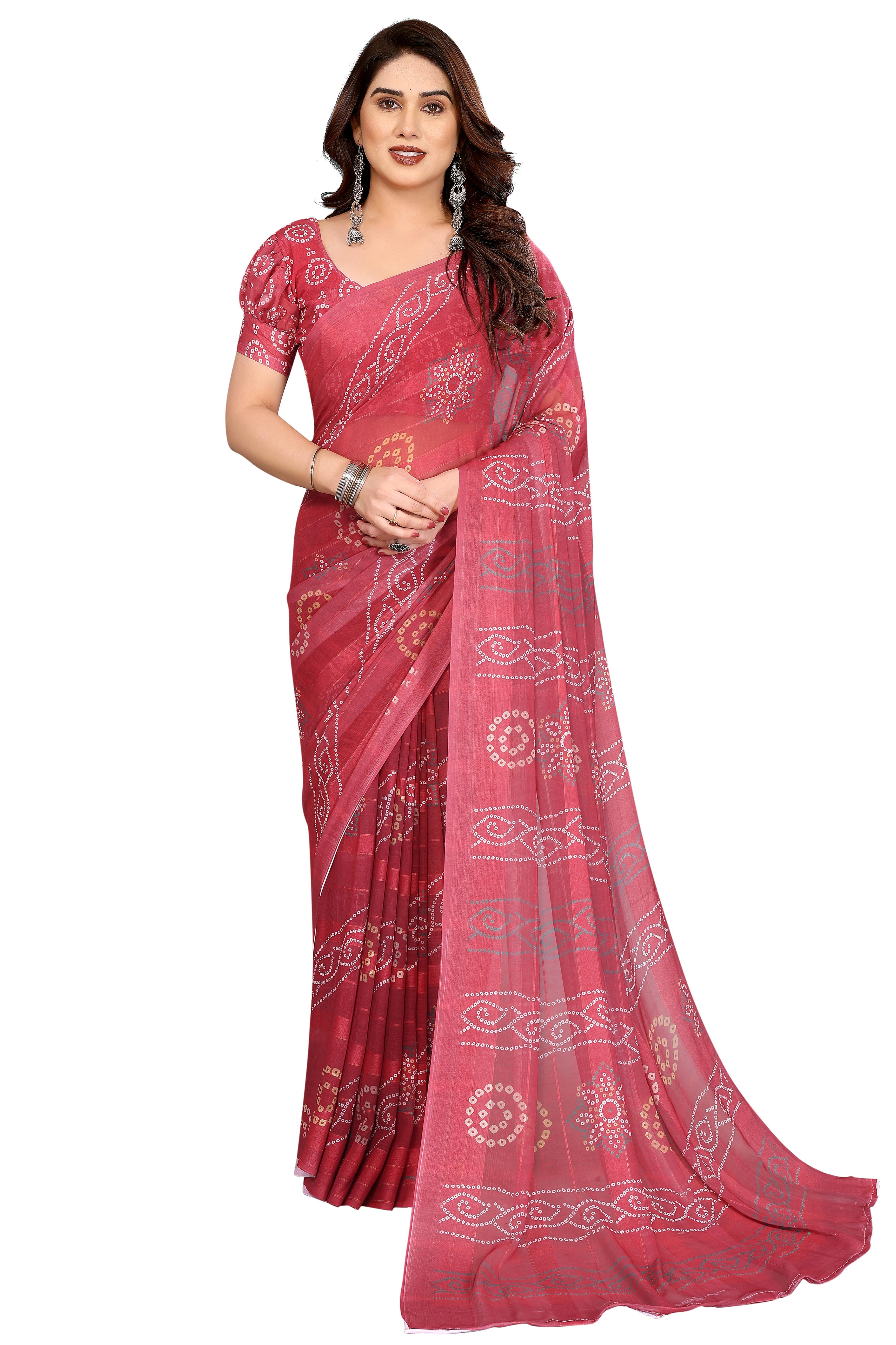 Graceful Maroon Bandhani Digital Print Georgette Saree Featuring Zari Work & Vibrant Striped