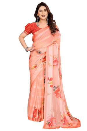 Graceful Peach Floral Digital Print Georgette Saree Featuring Zari Work & Vibrant Striped