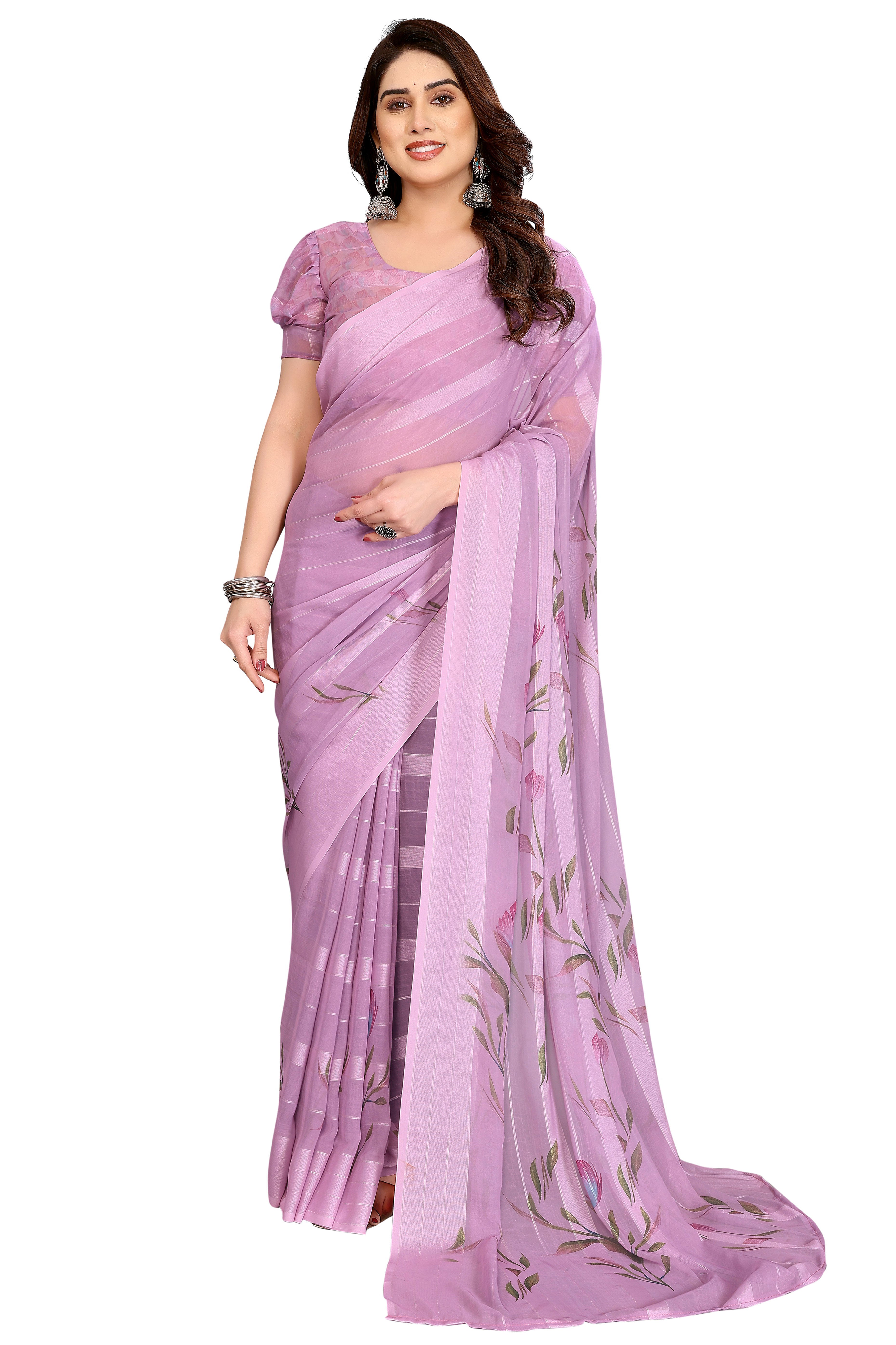Graceful Light Purple Floral Digital Print Georgette Saree Featuring Zari Work & Vibrant Striped