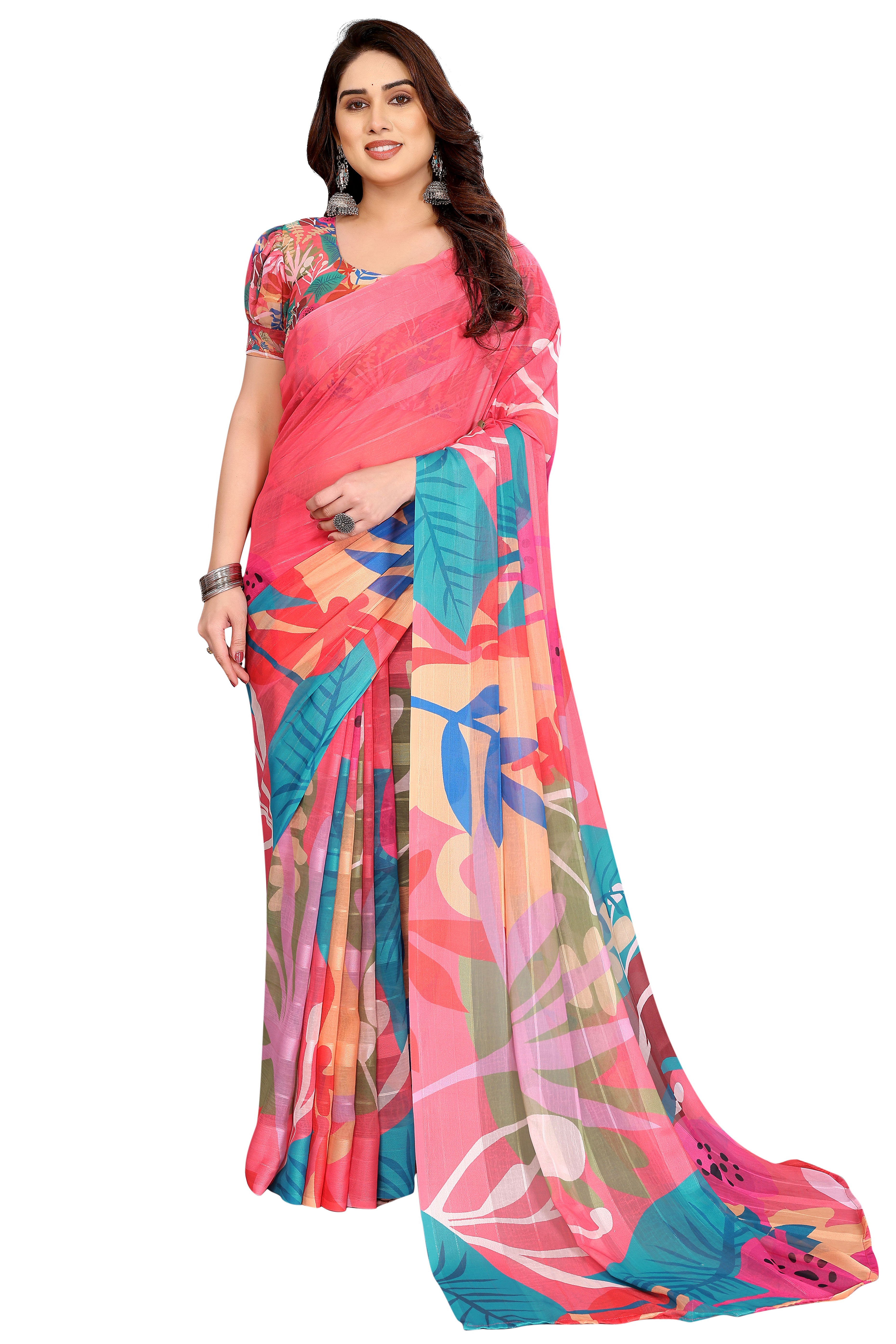 Graceful Gajari Pink Floral Digital Print Georgette Saree Featuring Zari Work & Vibrant Striped