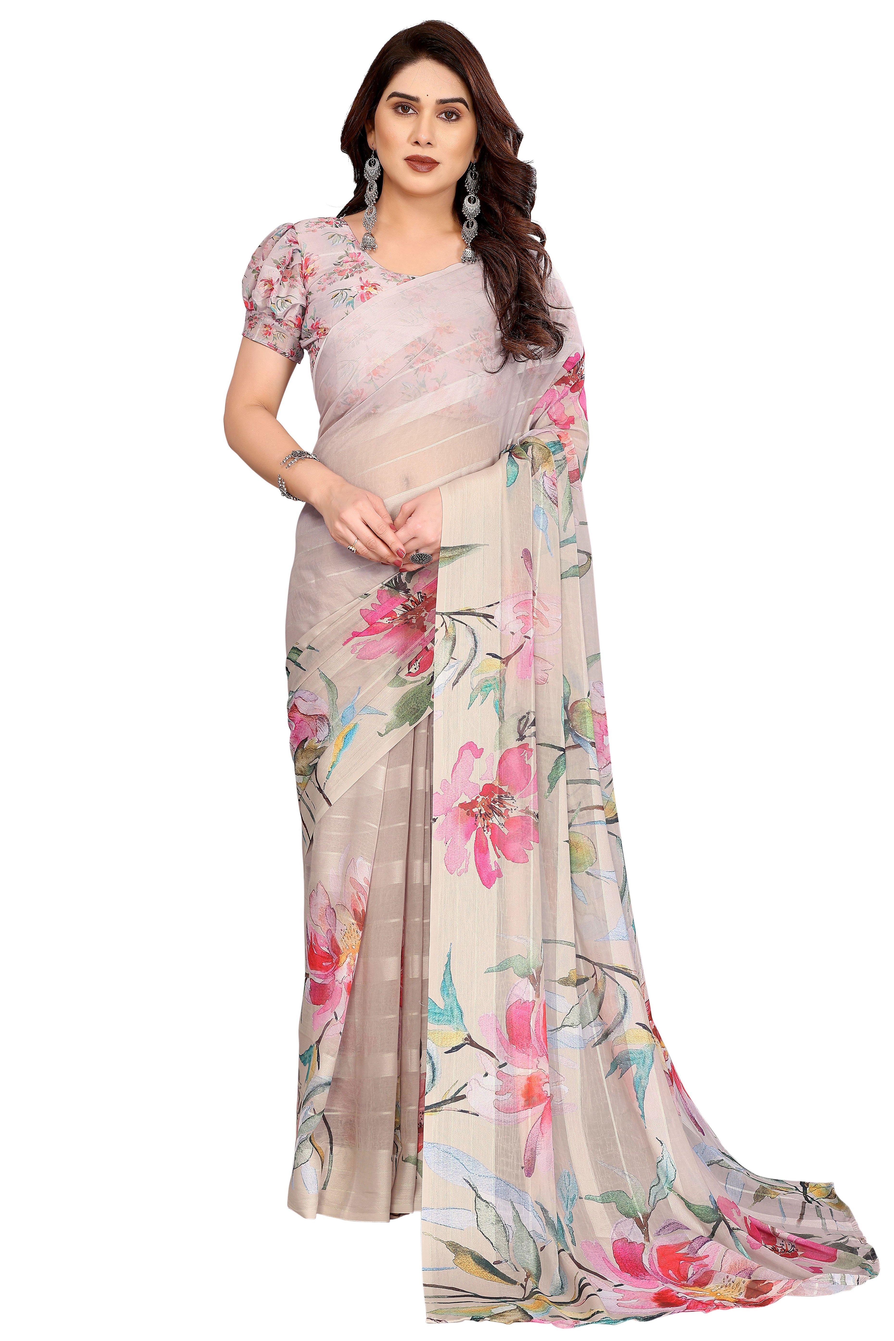 Sophisticated Beige Floral Digital Print Georgettte Saree With Zari Touch & Striped Design
