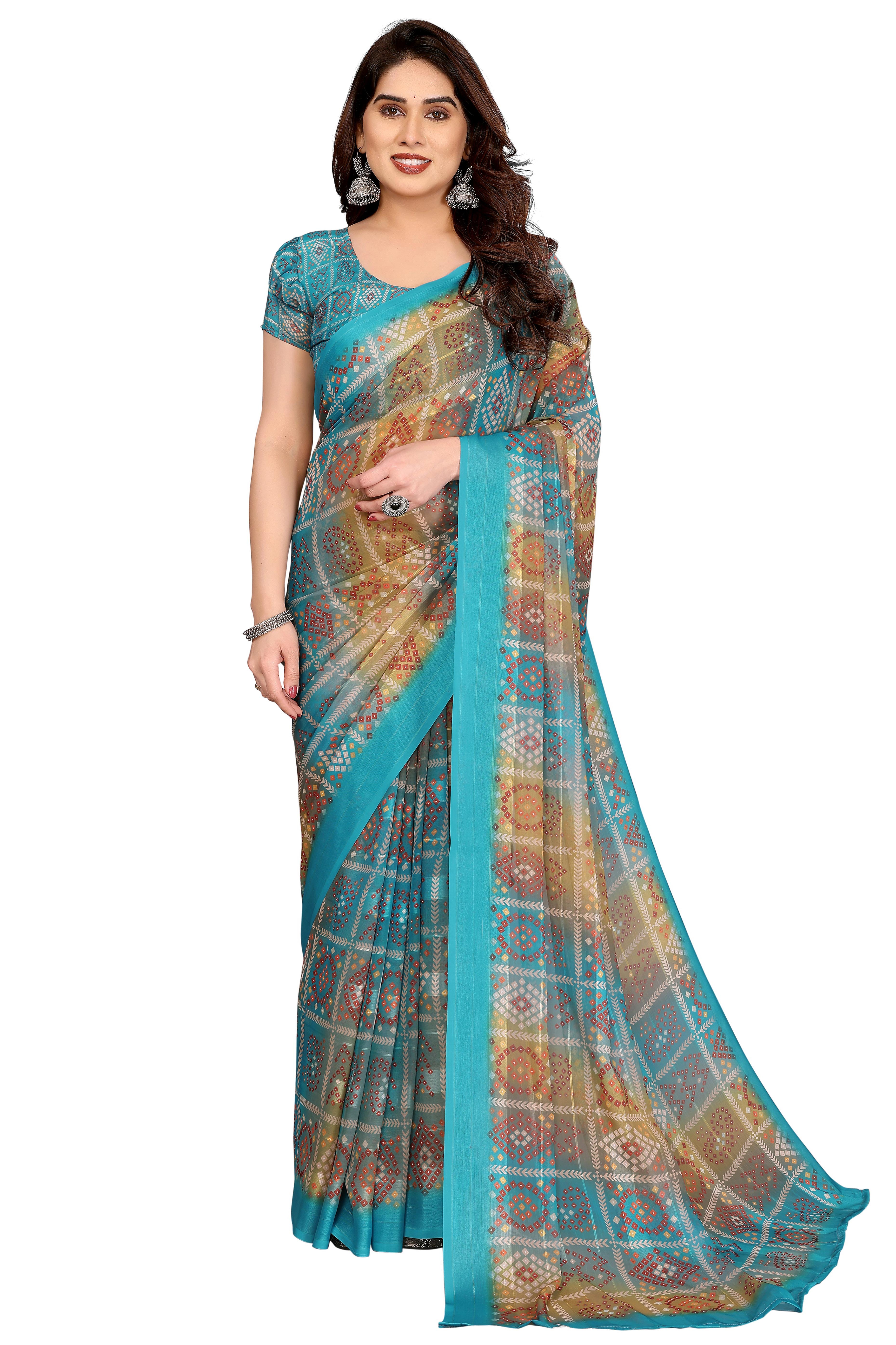 Sophisticated Rama Blue Bandhani Digital Print Georgettte Saree With Zari Touch & Striped Design