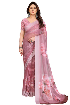 Sophisticated Light Mauve Floral Digital Print Georgettte Saree With Zari Touch & Striped Design