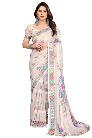 Classic Beige Floral Digital Print Georgette Saree With Refined Zari & Stylish Striped