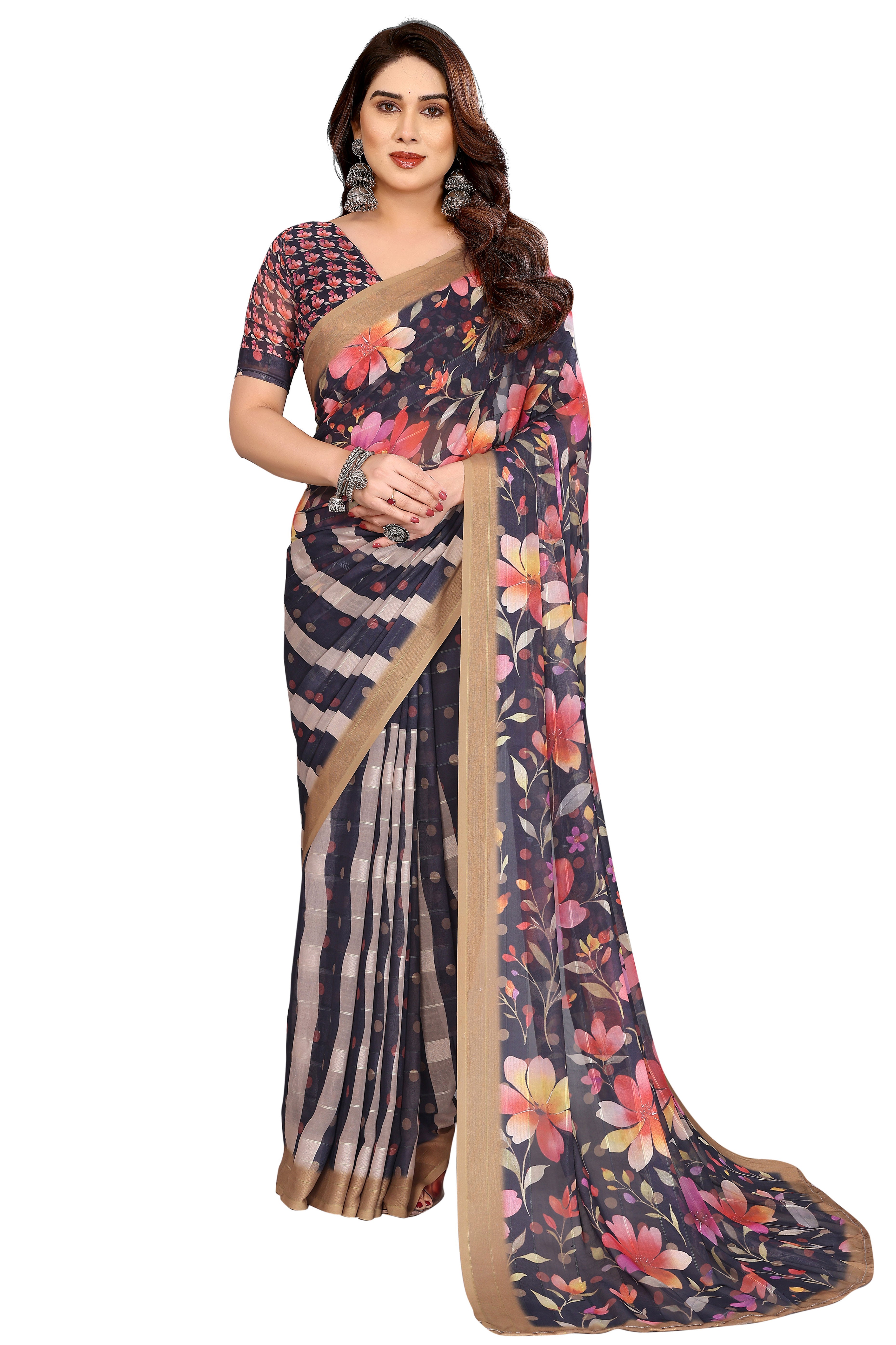 Classic Black Floral Digital Print Georgette Saree With Refined Zari & Stylish Striped