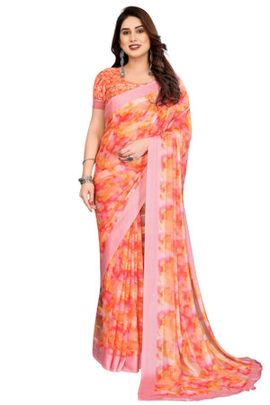 Classic Orange Digital Print Georgette Saree With Refined Zari & Stylish Striped