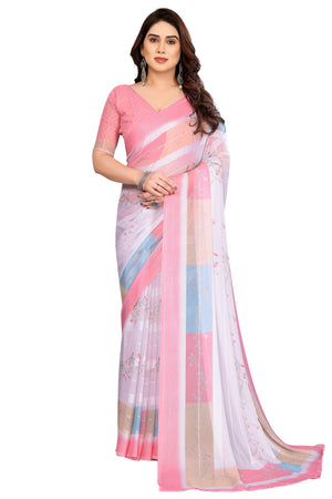 Classic White Floral Digital Print Georgette Saree With Refined Zari & Stylish Striped
