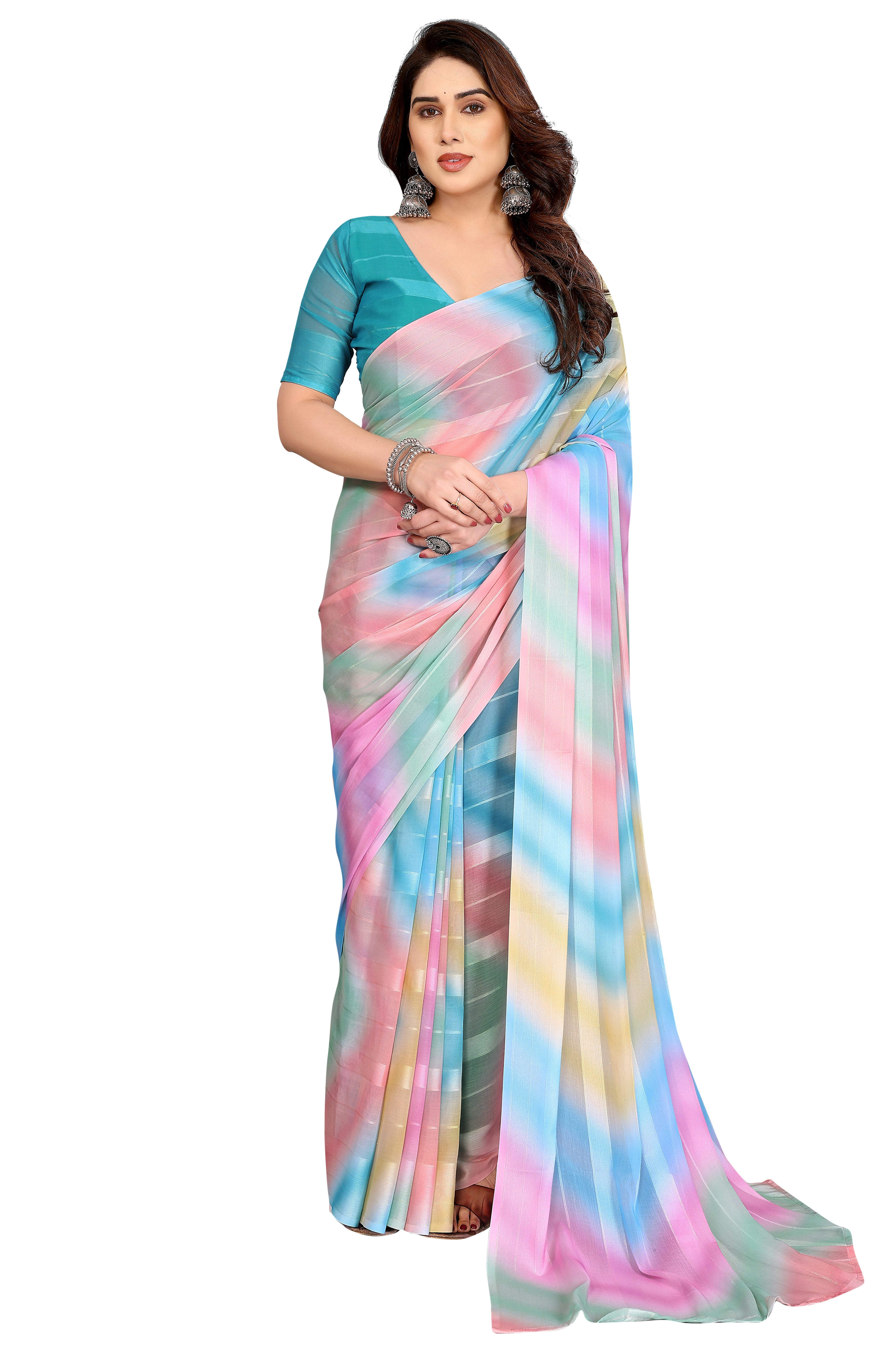 Classic Multicolor Ombre Digital Print Georgette Saree With Refined Zari & Stylish Striped