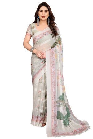 Premium Offwhite Floral Digital Printed Georgette Saree Featuring Delicate Zari & Bright Striped