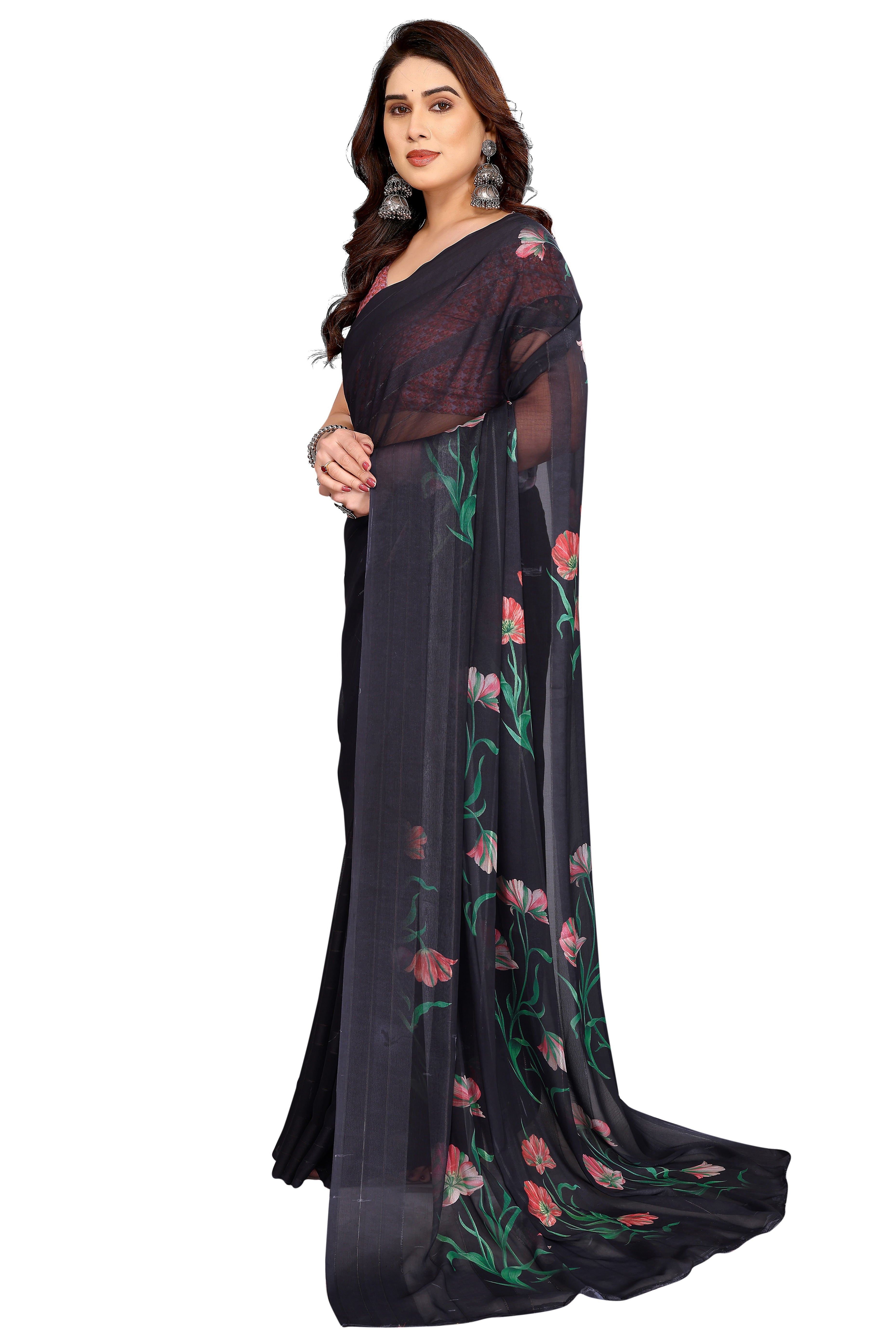 Premium Black Floral Digital Printed Georgette Saree Featuring Delicate Zari & Bright Striped