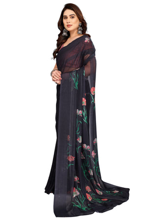 Premium Black Floral Digital Printed Georgette Saree Featuring Delicate Zari & Bright Striped