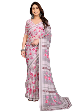 Premium Grey Floral Digital Printed Georgette Saree Featuring Delicate Zari & Bright Striped
