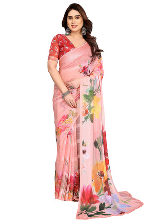 Premium Peach Floral Digital Printed Georgette Saree Featuring Delicate Zari & Bright Striped