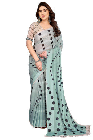 Premium Mint Green Polka Digital Printed Georgette Saree Featuring Delicate Zari & Bright Striped