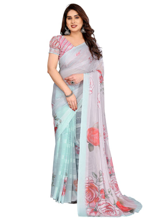 Premium Light Turquoise Floral Digital Printed Georgette Saree With Delicate Zari & Bright Striped
