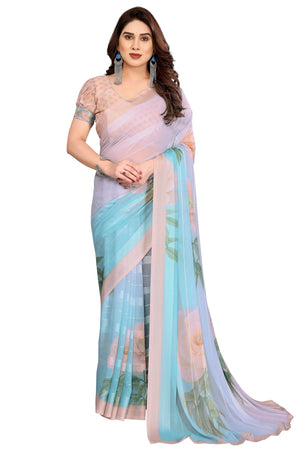 Premium Sky Blue & Grey Floral Digital Printed Georgette Saree With Delicate Zari & Bright Striped
