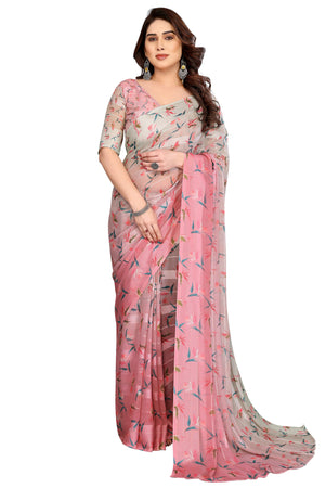 Luxury Pink & Beige Floral Digital Print Georgette Saree With Zari Highlights & Vibrant Striped