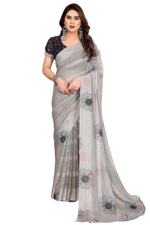 Luxury Grey Floral Digital Print Georgette Saree With Subtle Zari Highlights & Vibrant Striped