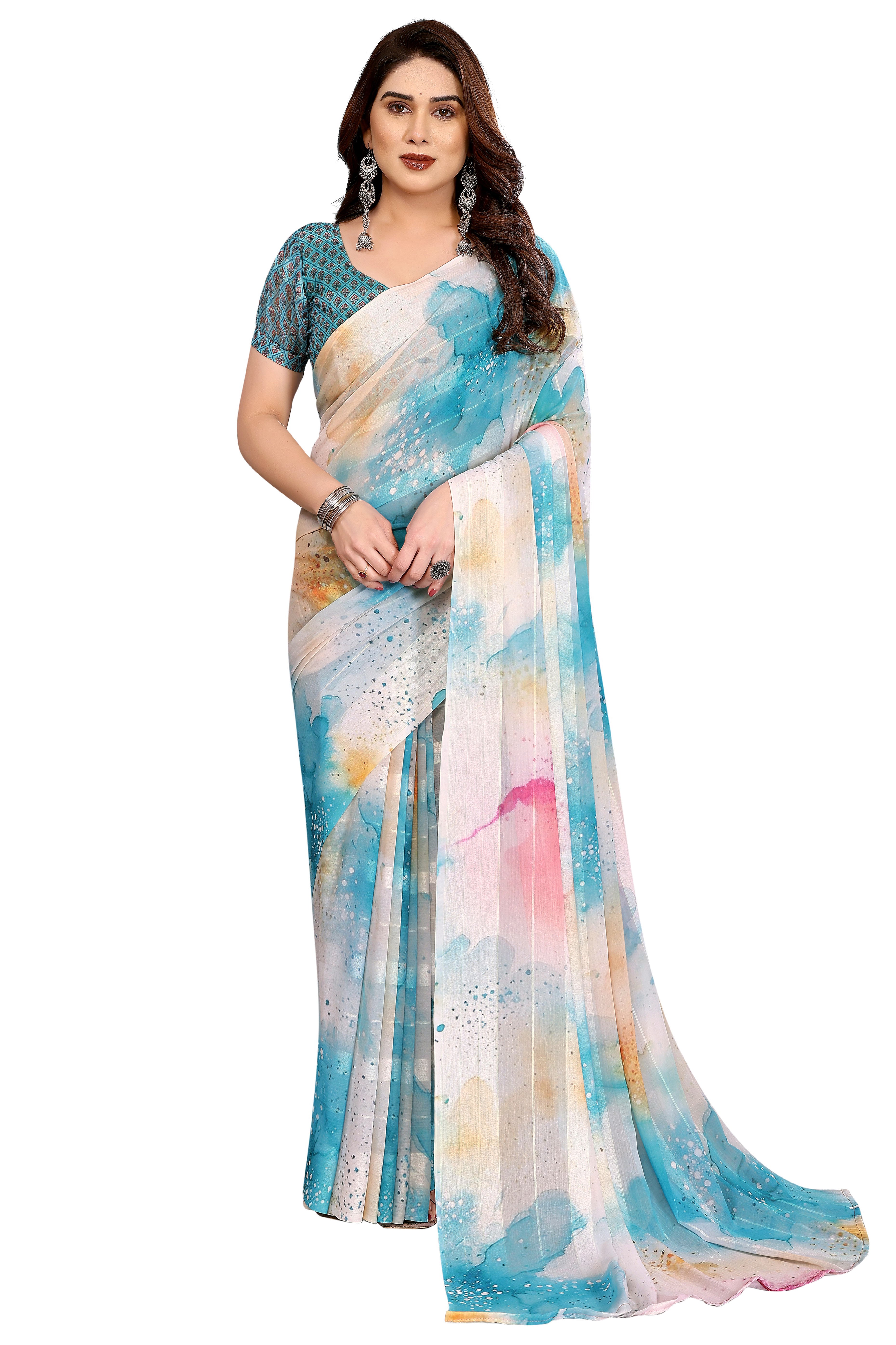 Luxury Multicolor Digital Print Georgette Saree With Subtle Zari Highlights & Vibrant Striped